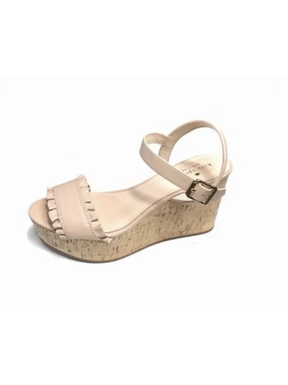 KATE SPADE Tomas Wedge Leather Nude Pink Ruffle Sandals Cork Shoes Size 10